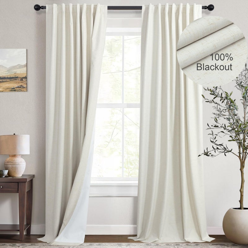 DANCURTON Cream Linen Blend Blackout Curtains 84 Inch Long 2 Panel Back Tab Thermal Insulated Light Blocking Curtain for Living Room Black Out Drape for Bedroom Neutral Rustic Farmhouse 52x84 Length Ivory White - Image 1