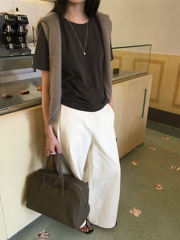 White Brushed Cotton Short-Sleeve Women'S T-Shirt, Loose Fit, Early Autumn Basic Style, Inner Wear Top, Half-Sleeve Round Neck Base Shirt, Versatile - Image 5