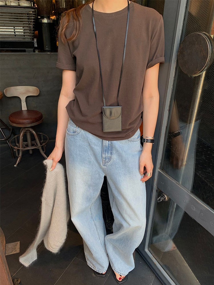 White Brushed Cotton Short-Sleeve Women'S T-Shirt, Loose Fit, Early Autumn Basic Style, Inner Wear Top, Half-Sleeve Round Neck Base Shirt, Versatile - Image 3