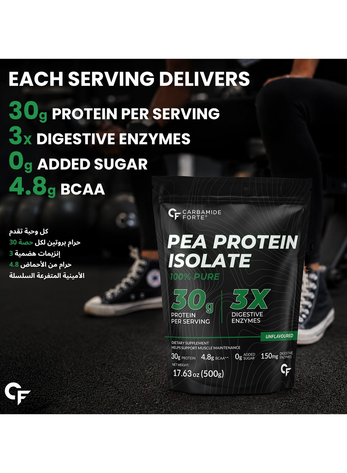 Carbamide Forte Pea Protein Isolate 30G Per Serving | Plant Based Protein Powder Isolate With 4.8G Bcaa | 100% Pure Unflavoured Plant Pea Protein Powder - 500G