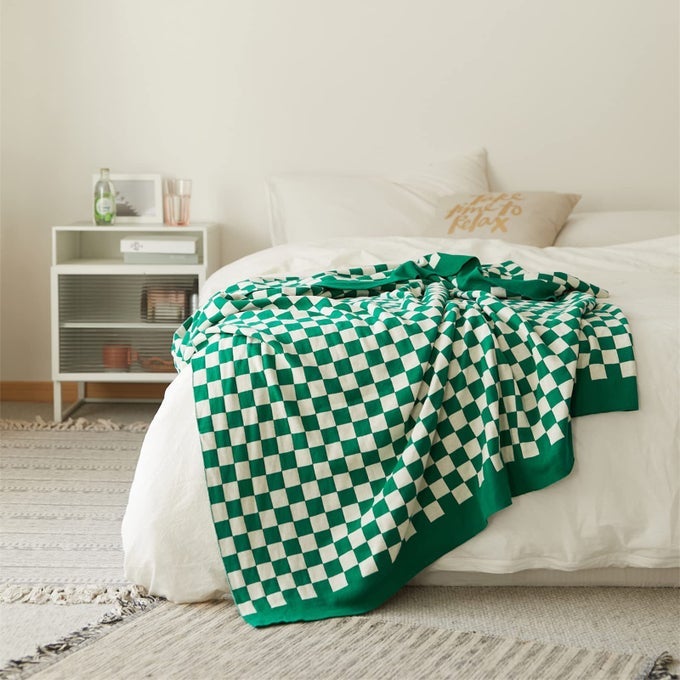 100 PURE COTTON THROW BLANKET CHECKERED LIGHTWEIGHT ULTRATHIN KNIT WEAVE FOR LIVING ROOM BEDROOM KITCHEN BED COUCH SOFA FARMHOUSE SAGE GREEN 51 L X 63 W