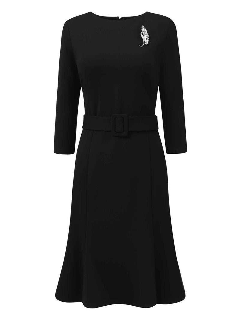 Hobemty Women's Funeral Dress with Brooch 3/4 Sleeve Boat Neck Fishtails Midi Dress Small Black - Image 1