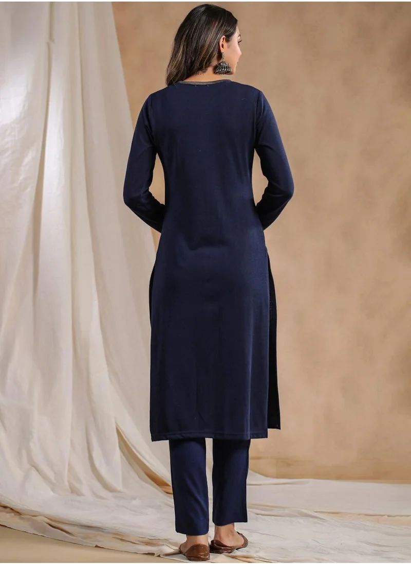 آي شين Women's Navy Polyester Blend Embellished Tunic Straight Fit Kurta