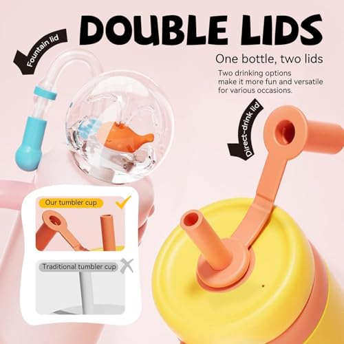 FRAGRANTGARDEN Drinking Cup With Whale Squirt, 24oz Whale Water Bottle with Handle, Insulated Stainless Steel Whale Water Cups With Two Silicone Soft Tip, Leak-Proof Whale Fountain Bottle for Kids Teens (Pink) - Image 3