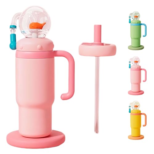FRAGRANTGARDEN Drinking Cup With Whale Squirt, 24oz Whale Water Bottle with Handle, Insulated Stainless Steel Whale Water Cups With Two Silicone Soft Tip, Leak-Proof Whale Fountain Bottle for Kids Teens (Pink) - Image 1