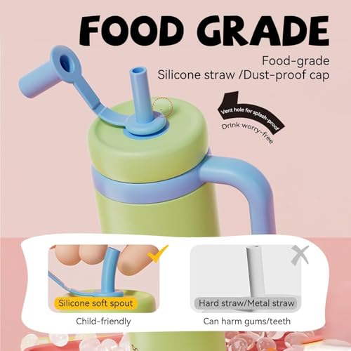 FRAGRANTGARDEN Drinking Cup With Whale Squirt, 24oz Whale Water Bottle with Handle, Insulated Stainless Steel Whale Water Cups With Two Silicone Soft Tip, Leak-Proof Whale Fountain Bottle for Kids Teens (Pink) - Image 4