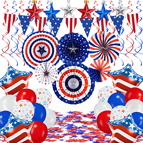 AobkDeco 46PCS 4th of July Decorations Patriotic Party Decorations Set with Red White and Blue Paper Fans Hanging Streamers and American Flag Banner for 4th of July Celebrations - Image 1