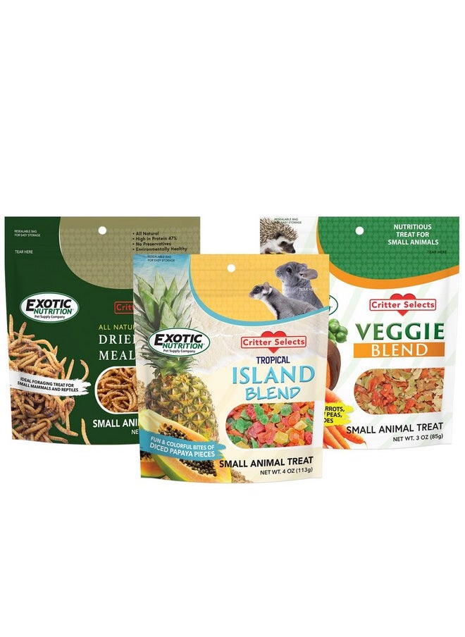 EXOTIC NUTRITION Treat Assortment 3 Pack - Pet Treats with Mix of Dried Fruits, Dried Insects, & Other Crunchies - for Sugar Gliders, Hedgehogs, Squirrels, Rabbits, Marmosets, Rats, Hamsters - Sample Variety  - Image 1