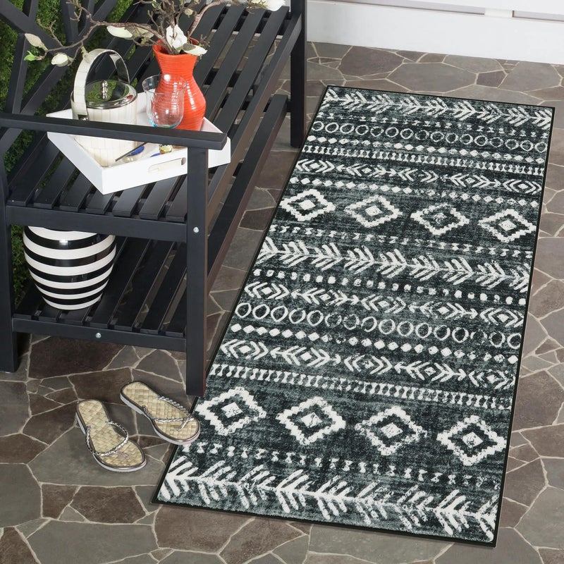 Lahome Boho Moroccan Kitchen Rug Washable Black White 2x4 Entryway Rugs Non Slip with Rubber Backing LowPile Soft Farmhouse Tribal Print Throw Rug Indoor Small Carpet for Bathroom Entry