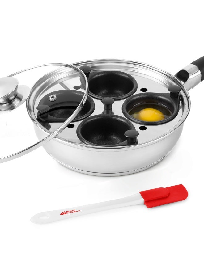 Modern Innovations  Egg Poacher Pan Set With 4 Nonstick Large Egg Poaching Cups Stainless Steel Frying Pan Silicone Handle Glass Lid Removable Tray Insert And Bonus Spatula  - Image 1