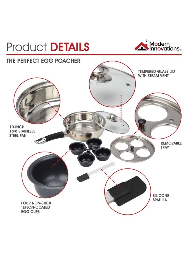 Modern Innovations  Egg Poacher Pan Set With 4 Nonstick Large Egg Poaching Cups Stainless Steel Frying Pan Silicone Handle Glass Lid Removable Tray Insert And Bonus Spatula  - Image 4