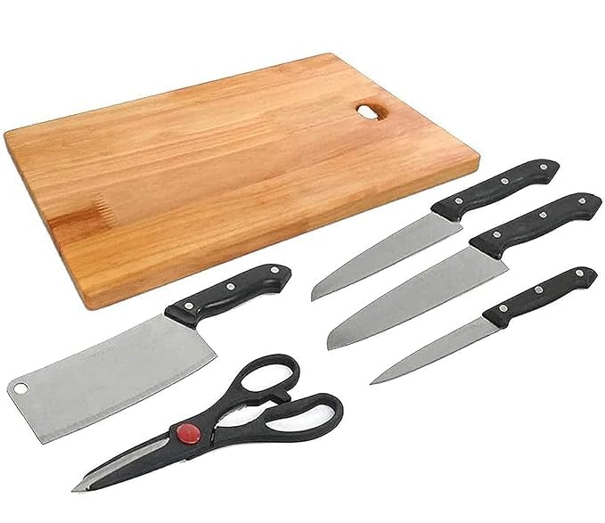 VIDORA Wooden Chopping Board with 5 Pc Knife Set Vegetable Meat Cutting Stainless Steel Scissor for Cutter Bamboo Slicing Grater Chopper Slicer Combo Set Accessories Tools Home Kitchen - Image 1
