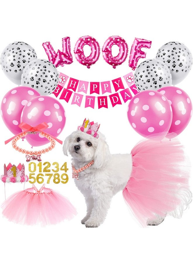 مايتيز مجموعة من 13 قطعة من لوازم حفلات أعياد ميلاد الكلاب من مايتيز، مناديل على شكل كلبة لطيفة، تنورة توتو وردية، قبعة على شكل تاج للجرو، قلادة من اللؤلؤ، لافتة عيد ميلاد سعيد، 9 بالونات وردية على شكل مخلب نباح، لعبة للجراء والقطط الأليفة - Image 1