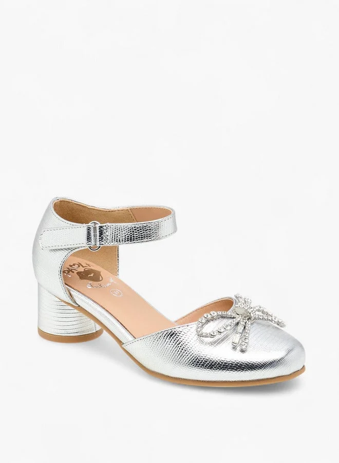 Pablosky Girls' Bow Embellished Block Heeled Sandals with Hook and Loop Closure