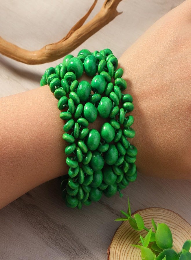 DATOA Boho Multi-Colored Wooden Beads Stretch Bracelet for Women Statement Wide Chunky Bangle Bohemian Jewelry Wood Elastic Wristband - Green - Image 2