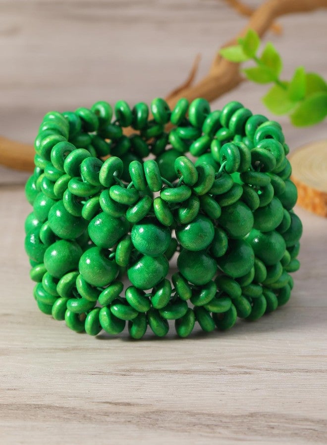 DATOA Boho Multi-Colored Wooden Beads Stretch Bracelet for Women Statement Wide Chunky Bangle Bohemian Jewelry Wood Elastic Wristband - Green - Image 3