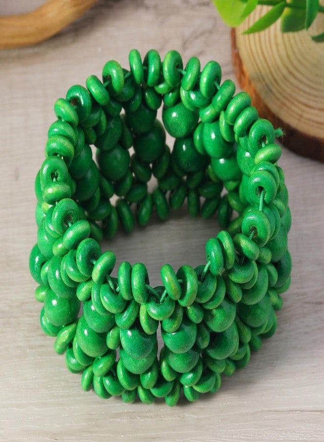 DATOA Boho Multi-Colored Wooden Beads Stretch Bracelet for Women Statement Wide Chunky Bangle Bohemian Jewelry Wood Elastic Wristband - Green - Image 4