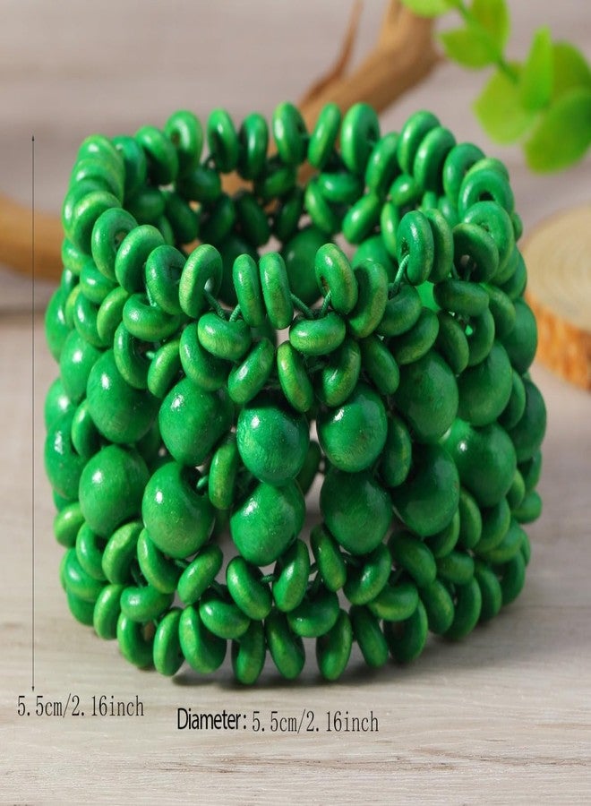 DATOA Boho Multi-Colored Wooden Beads Stretch Bracelet for Women Statement Wide Chunky Bangle Bohemian Jewelry Wood Elastic Wristband - Green - Image 5