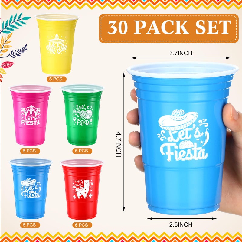 Ziliny 30 Pack Let's Fiesta Cups  Cinco De Mayo 16 oz Plastic Disposable Cups for Mexican Party Hot Cold Drinks Fiesta Taco Birthday Party Supplies Decorations - Image 2