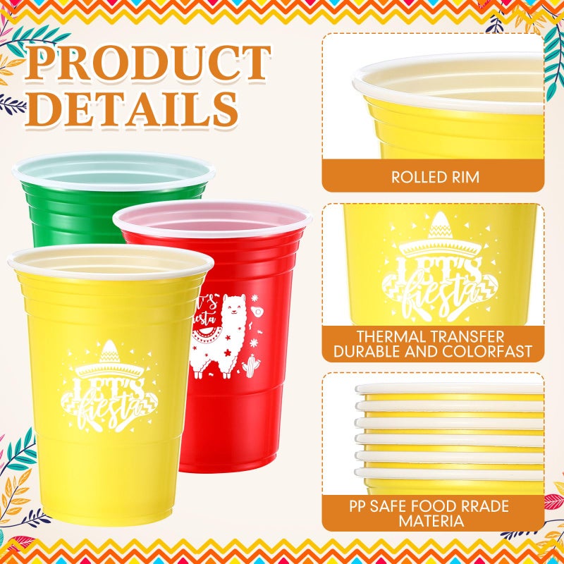 Ziliny 30 Pack Let's Fiesta Cups  Cinco De Mayo 16 oz Plastic Disposable Cups for Mexican Party Hot Cold Drinks Fiesta Taco Birthday Party Supplies Decorations - Image 3