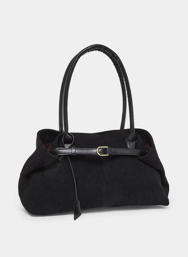 ستايلي حقيبة تسوق توت من قماش الكوردروي الأسود بتفاصيل إبزيم