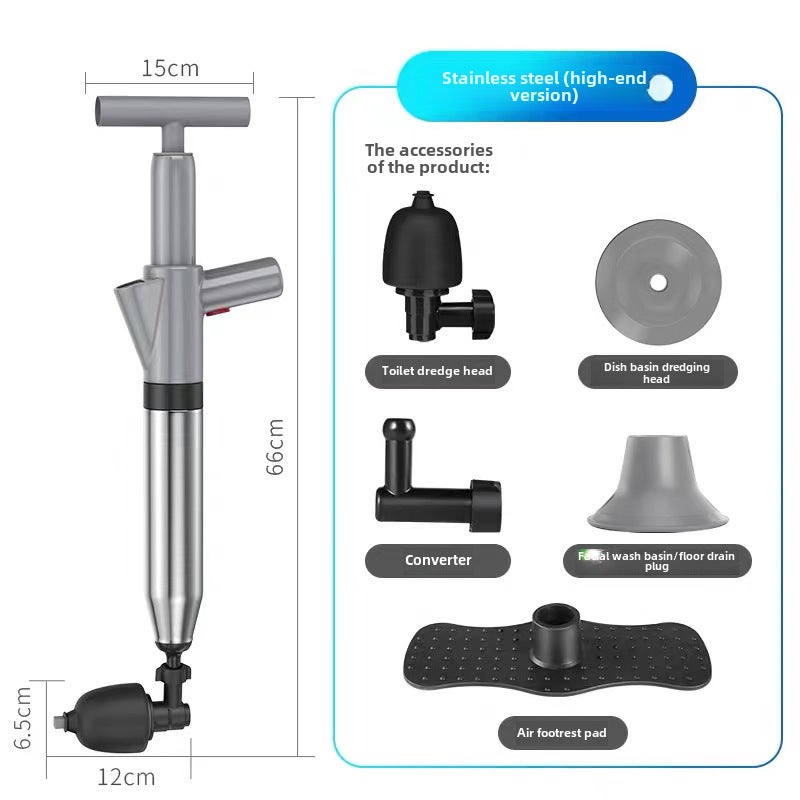 Generic Stainless Steel Toilet Plunger High-Pressure Drain Unblocker gray english packaging 
