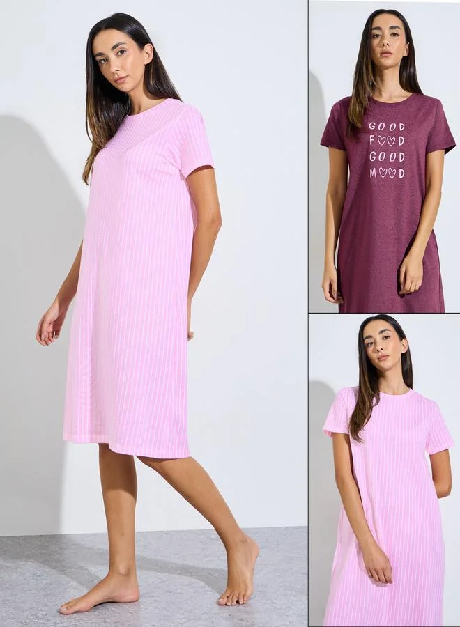 ستايلي Pack Of 2 - Good Food Good Mood Graphic & Vertical Stripe Sleep Tee - Knee