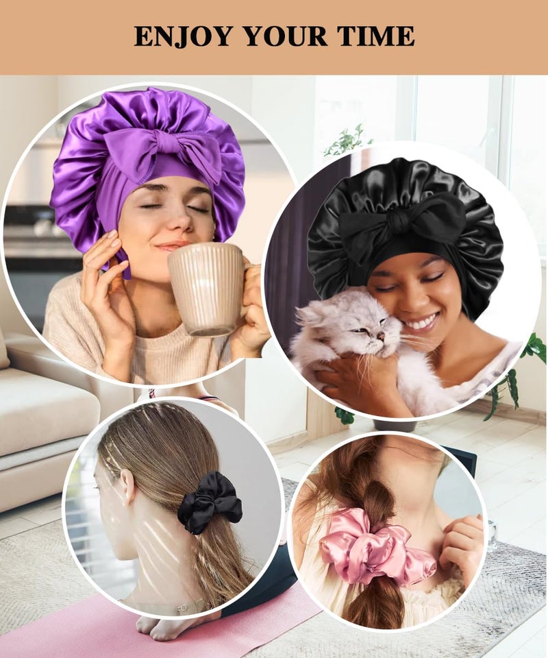 Heniho 2+3 Large Satin Bonnets with Scrunchies for Women, Hair Bonnet Sleeping Tie Bonnet for Braids Curly Hair, E - Image 5