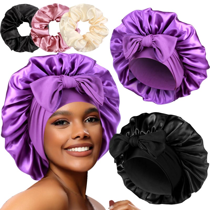Heniho 2+3 Large Satin Bonnets with Scrunchies for Women, Hair Bonnet Sleeping Tie Bonnet for Braids Curly Hair, E - Image 1