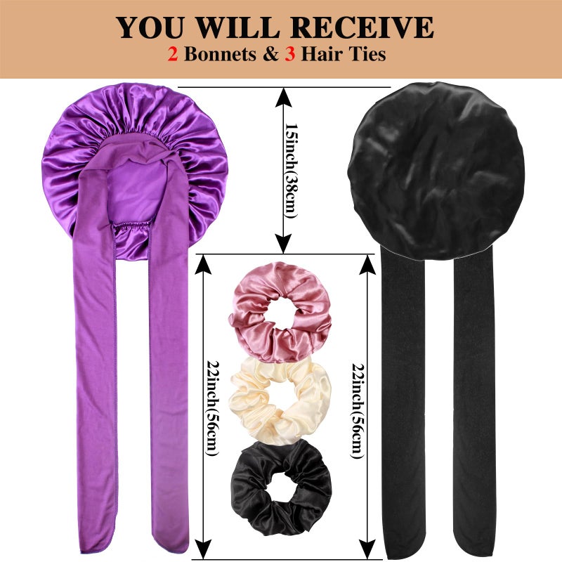 Heniho 2+3 Large Satin Bonnets with Scrunchies for Women, Hair Bonnet Sleeping Tie Bonnet for Braids Curly Hair, E - Image 2