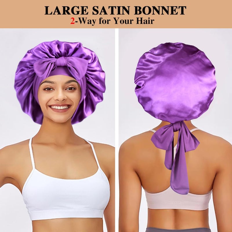 Heniho 2+3 Large Satin Bonnets with Scrunchies for Women, Hair Bonnet Sleeping Tie Bonnet for Braids Curly Hair, E - Image 3