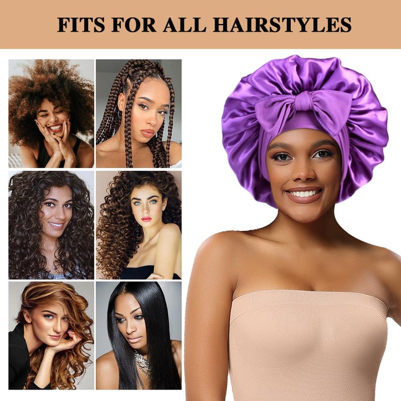 Heniho 2+3 Large Satin Bonnets with Scrunchies for Women, Hair Bonnet Sleeping Tie Bonnet for Braids Curly Hair, E - Image 4
