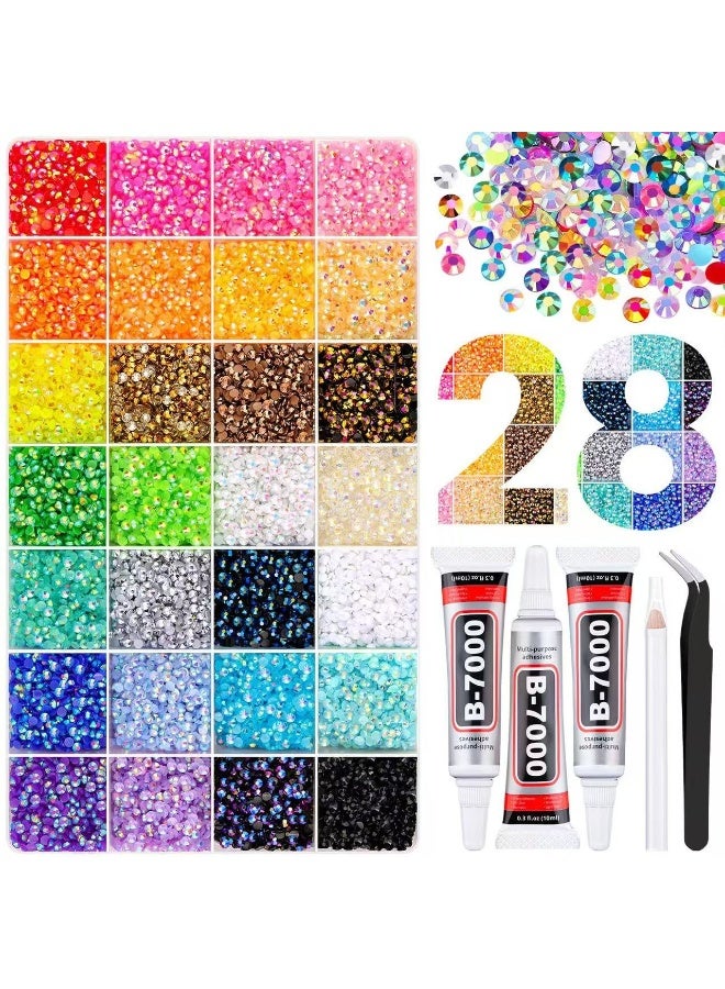 اترجسز 32000pcs الراتنج Rhinestones 3mm 28Colors ل Bedazzling بليتر كيت DIY ، متعددة الألوان جيلي كريستال الماس مع 3pcs 10ml B7000 الغراء المجوهرات ل Bedazzled أظافر فن الإمدادات الديكور - Image 1