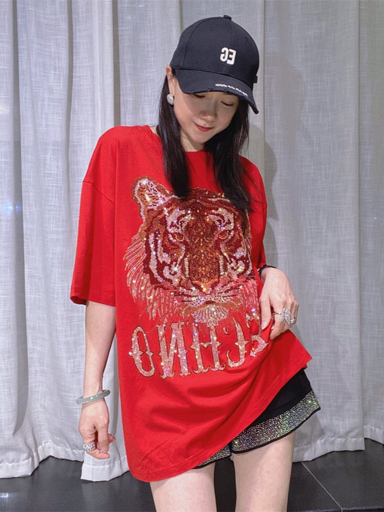 Women''s Pure Cotton Round Neck Pullover Short-Sleeved T-Shirt Summer Men''s and Women''s Same Style Sparkling Diamond Half-Sleeved Large Size Couple Tops - Image 5