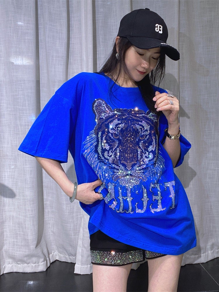 Women''s Pure Cotton Round Neck Pullover Short-Sleeved T-Shirt Summer Men''s and Women''s Same Style Sparkling Diamond Half-Sleeved Large Size Couple Tops - Image 4
