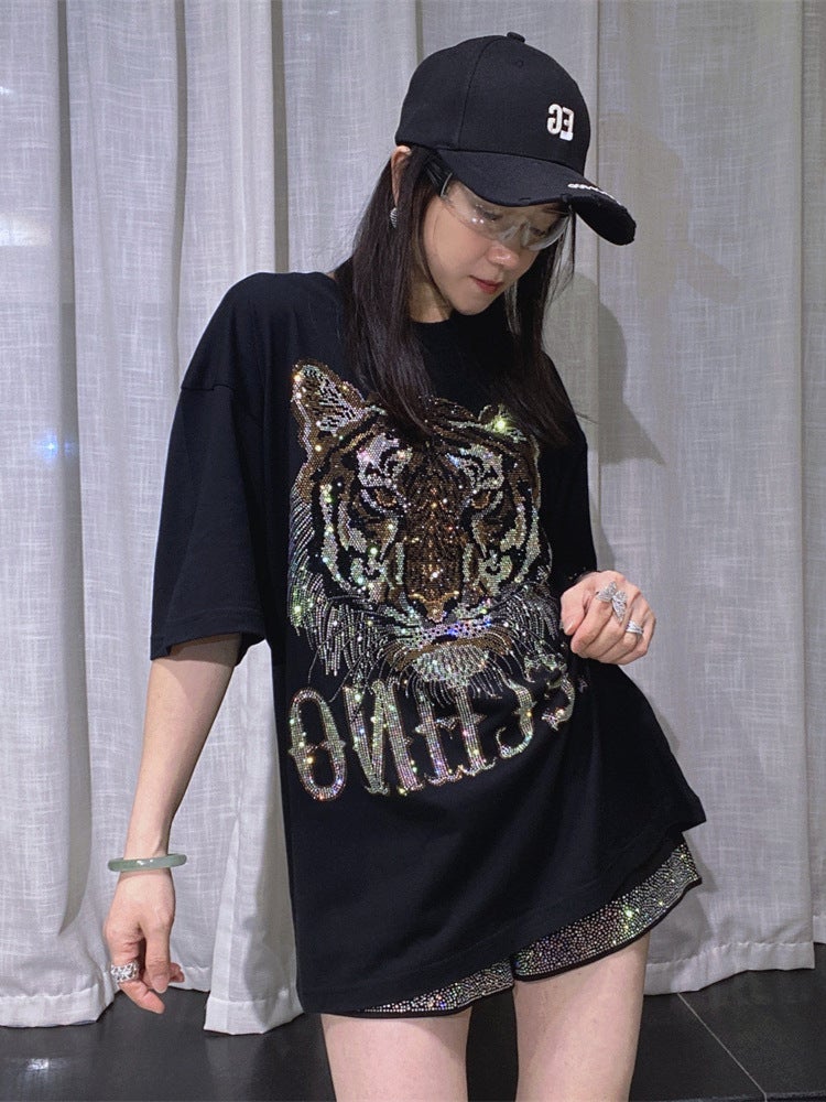 Women''s Pure Cotton Round Neck Pullover Short-Sleeved T-Shirt Summer Men''s and Women''s Same Style Sparkling Diamond Half-Sleeved Large Size Couple Tops - Image 2