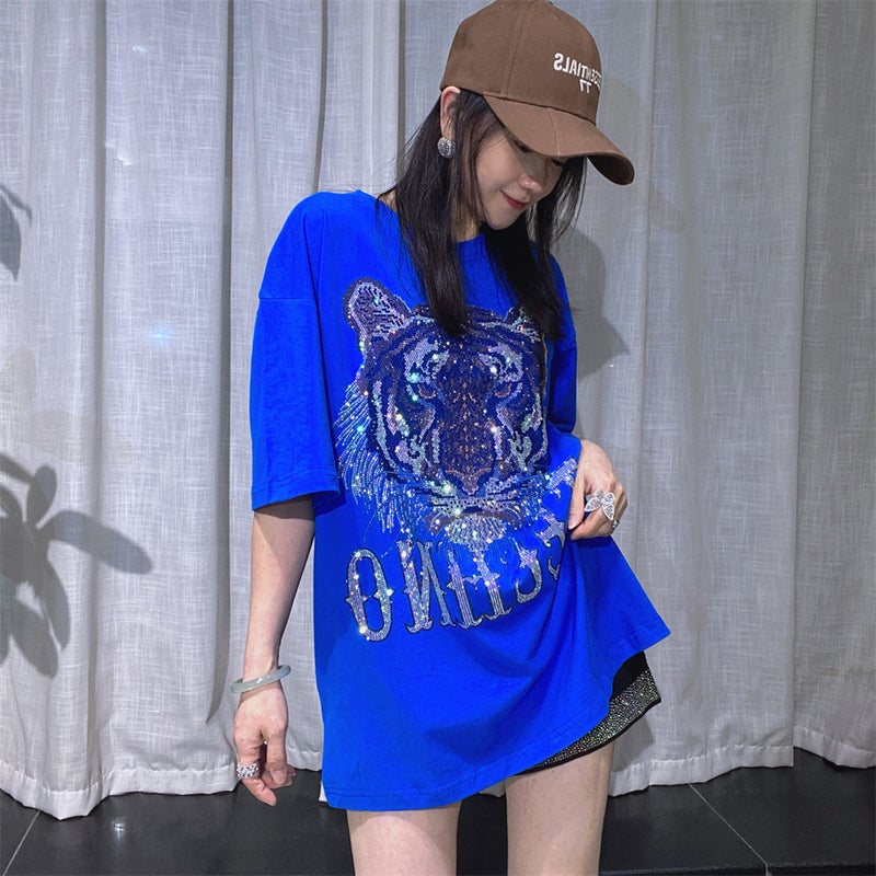 Women''s Pure Cotton Round Neck Pullover Short-Sleeved T-Shirt Summer Men''s and Women''s Same Style Sparkling Diamond Half-Sleeved Large Size Couple Tops - Image 1