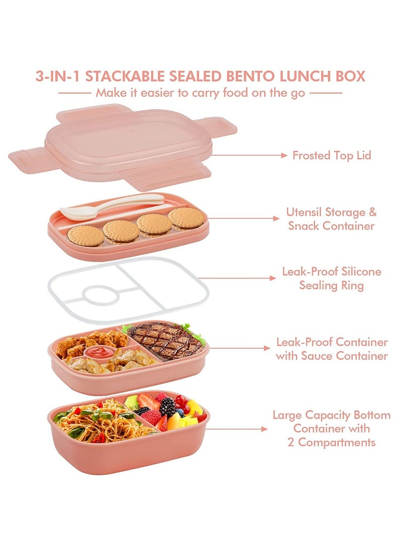 Bento Box Adult Lunch Box,3 Stackable Bento Lunch Containers with Utensil Set, Leak-Proof Lunchbox Bento Box for Dining Out, Work, School, Picnic