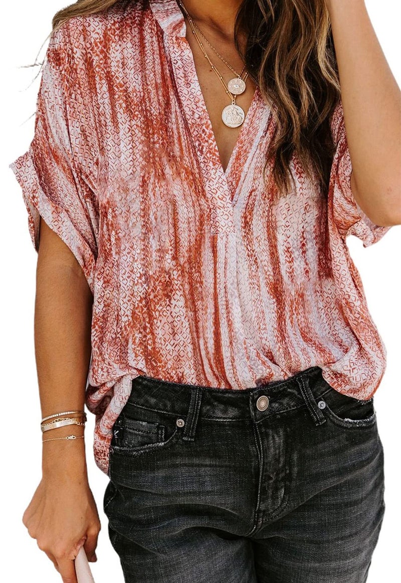 ANCAPELION Women’s Summer Chiffon Blouse Casual Short Sleeve V Neck Shirt Loose Printed Cuffed Sleeve Tunic Tops for Women Line Orange Printed Medium - Image 1