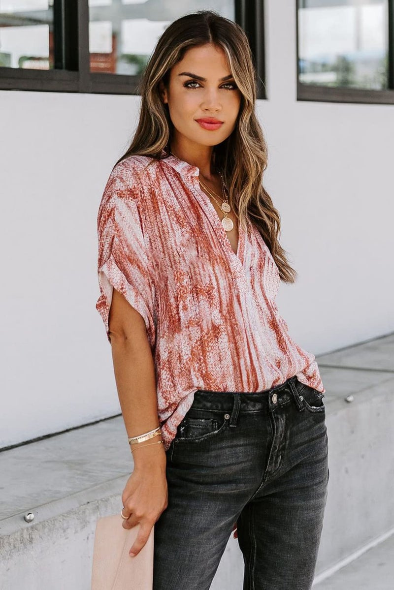 ANCAPELION Women’s Summer Chiffon Blouse Casual Short Sleeve V Neck Shirt Loose Printed Cuffed Sleeve Tunic Tops for Women Line Orange Printed Medium - Image 3