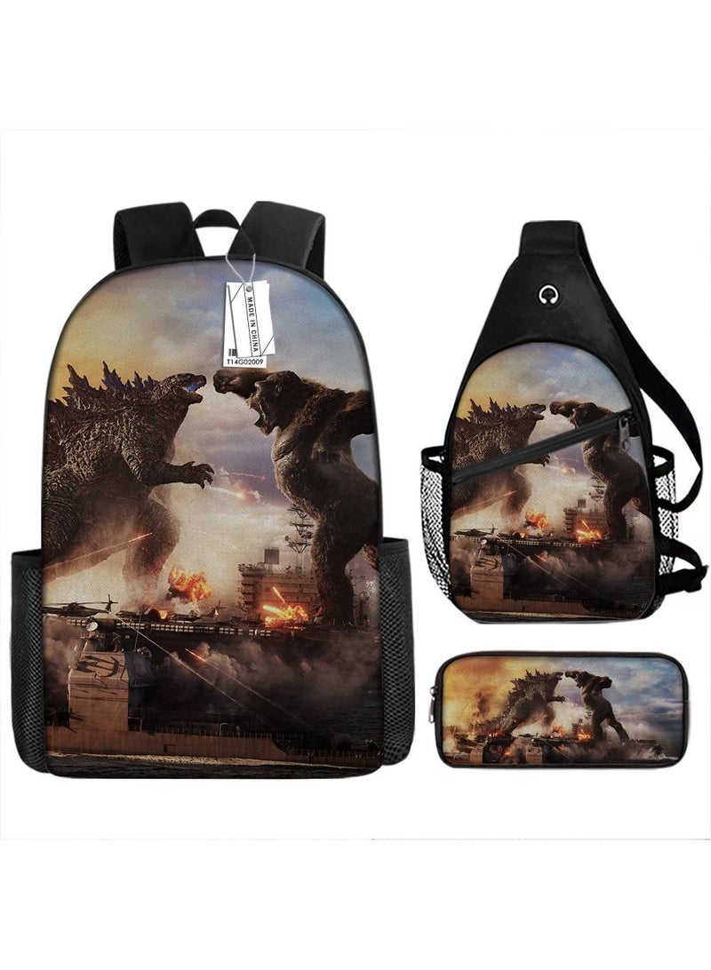 3-Piece Godzilla VS Kong 3D Print Backpack Set