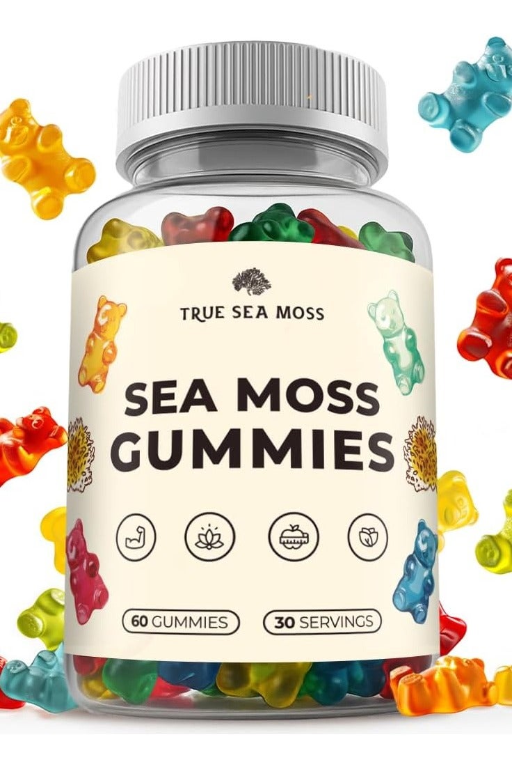 True Sea Moss Organic Sea Moss Gummies – Contains Irish Sea Moss + Burdock Root + Bladderwrack – 60 Gummies for Stronger Immune, Healthier Skin & Hair, Detox – Great for Kids & Adults, Made in USA (1) - Image 1
