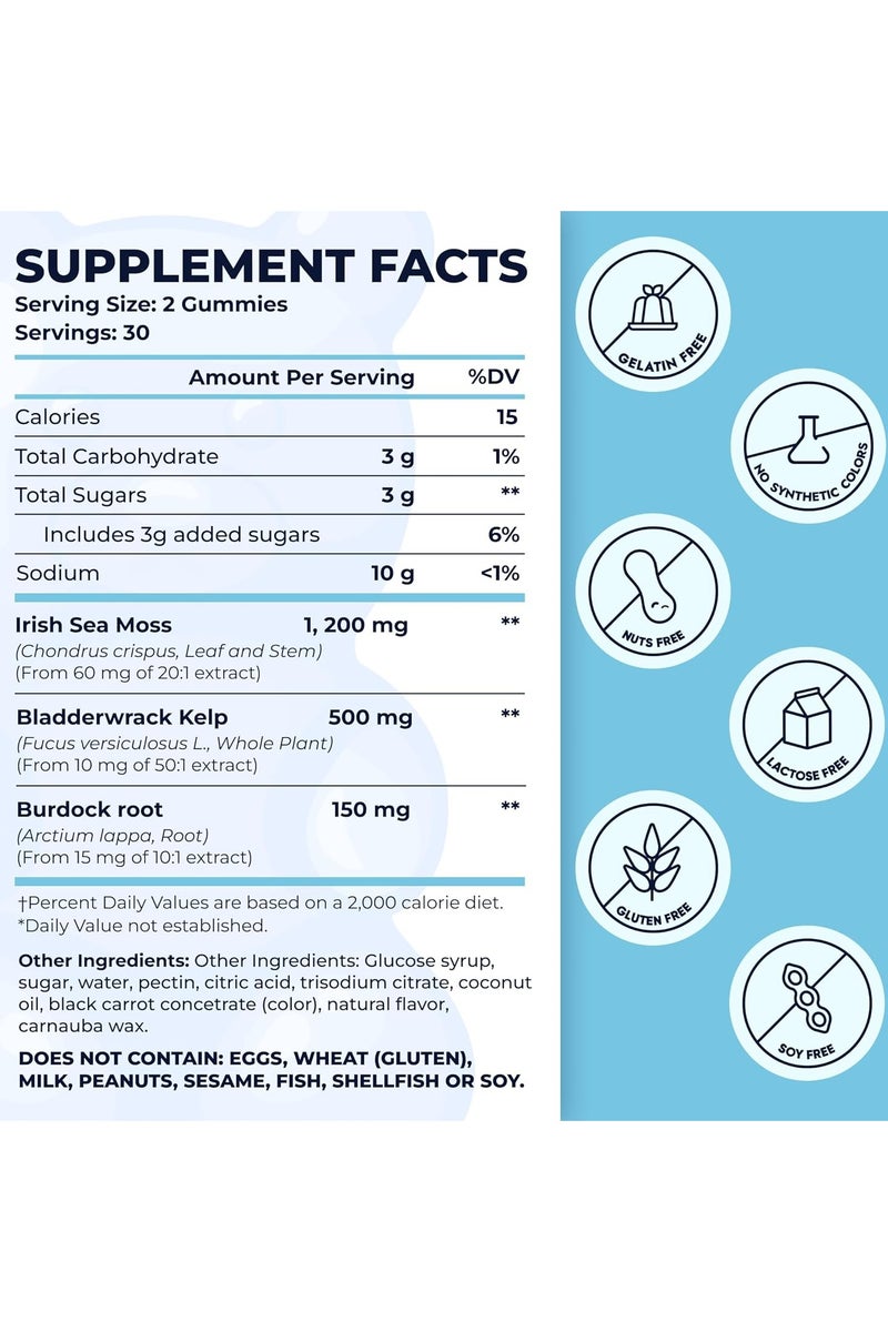 True Sea Moss Organic Sea Moss Gummies – Contains Irish Sea Moss + Burdock Root + Bladderwrack – 60 Gummies for Stronger Immune, Healthier Skin & Hair, Detox – Great for Kids & Adults, Made in USA (1) - Image 2