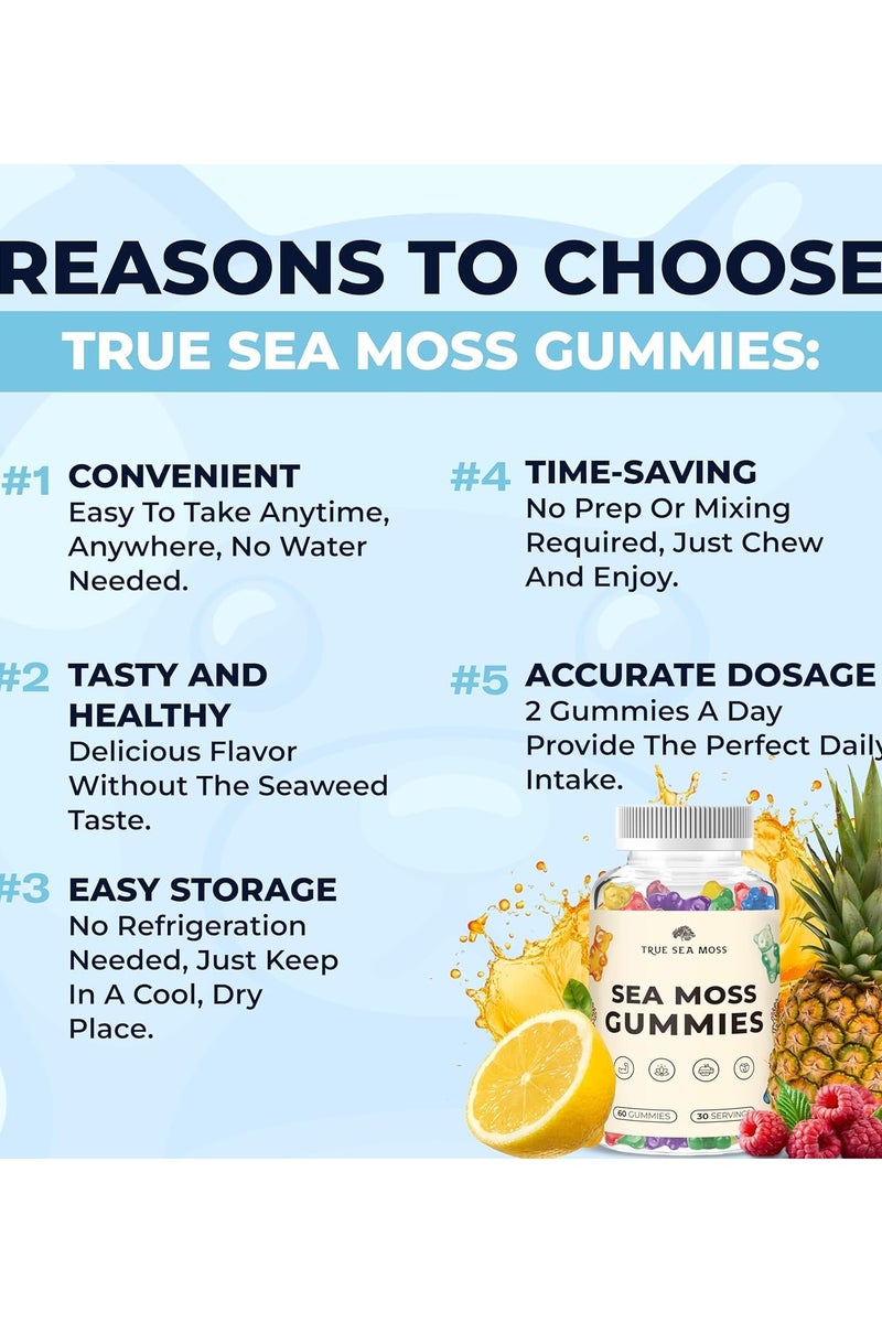 True Sea Moss Organic Sea Moss Gummies – Contains Irish Sea Moss + Burdock Root + Bladderwrack – 60 Gummies for Stronger Immune, Healthier Skin & Hair, Detox – Great for Kids & Adults, Made in USA (1) - Image 3