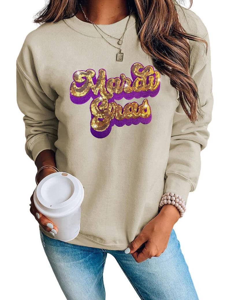 Ecosunny Women's Khaki Mardi Gras Sequin Embroidered Patch Sweatshirt Round Neck Long Sleeve Casual Print Holiday Tops - Image 1