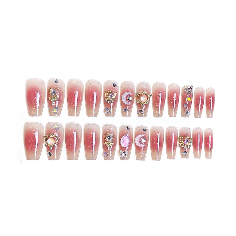 RikView Long Press on Nails Pink Fake Nails with 3D Design Coffin Nails Glossy Full Cover Nails for Women 24 PCs/Set - Image 5