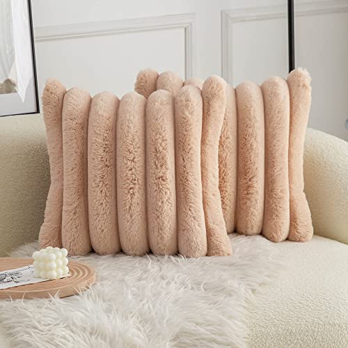 Neelvin Camel Faux Fur Cozy Soft Striped Decorative Throw Pillow Covers 18x18 inch Set of 2Velvet Pillowcase Cushion Case for Sofa Couch - Image 1