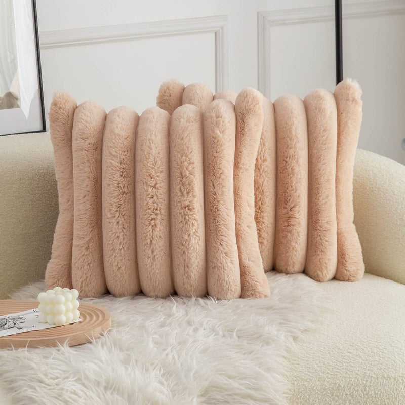 Neelvin Camel Faux Fur Cozy Soft Striped Decorative Throw Pillow Covers 18x18 inch Set of 2Velvet Pillowcase Cushion Case for Sofa Couch - Image 2
