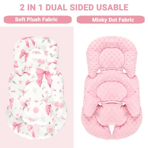 Jundetye Infant Car Seat Insert Girls, Soft Car Seat Head Support Baby & 2 Strap Pads, Preemie Newborn Carseat Insert Reversible Fits for Stroller, Baby Swing, Rocker, Bassinets, Bouncer, Pink Rose - Image 2