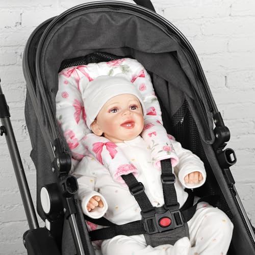 Jundetye Infant Car Seat Insert Girls, Soft Car Seat Head Support Baby & 2 Strap Pads, Preemie Newborn Carseat Insert Reversible Fits for Stroller, Baby Swing, Rocker, Bassinets, Bouncer, Pink Rose - Image 5